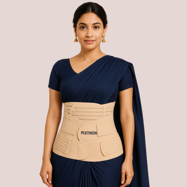 Woman wearing 3-in-1 postpartum abdominal belt for post pregnancy belly and waist support