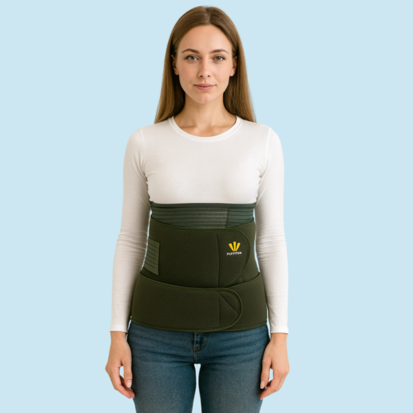 Woman wearing 3-in-1 postpartum abdominal belt for post pregnancy belly and waist support