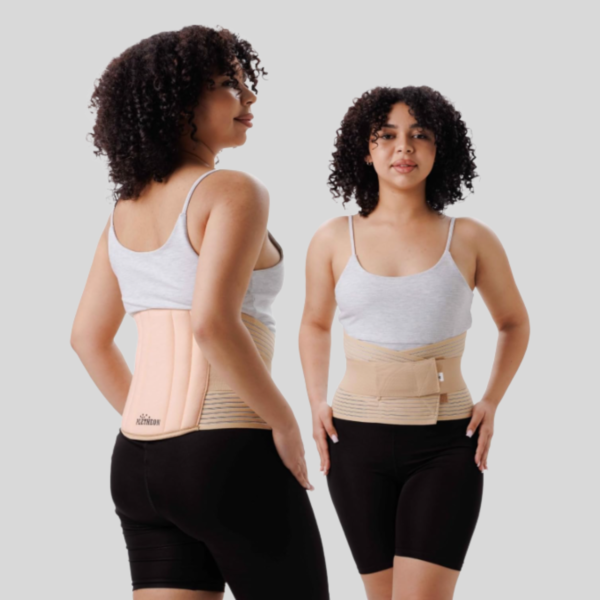 Woman wearing PLETHEON lumbar support belt providing lower back support and pain relief
