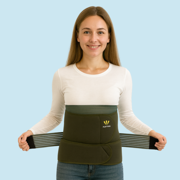 Woman wearing 3-in-1 postpartum abdominal belt for post pregnancy belly and waist support