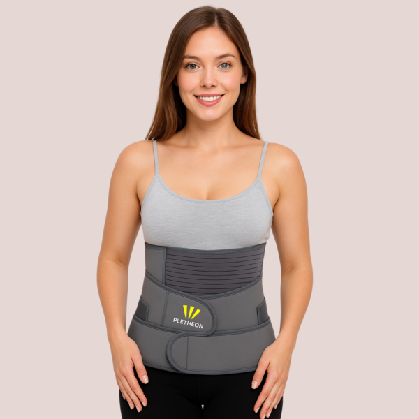 Woman wearing 3-in-1 postpartum abdominal belt for post pregnancy belly and waist support