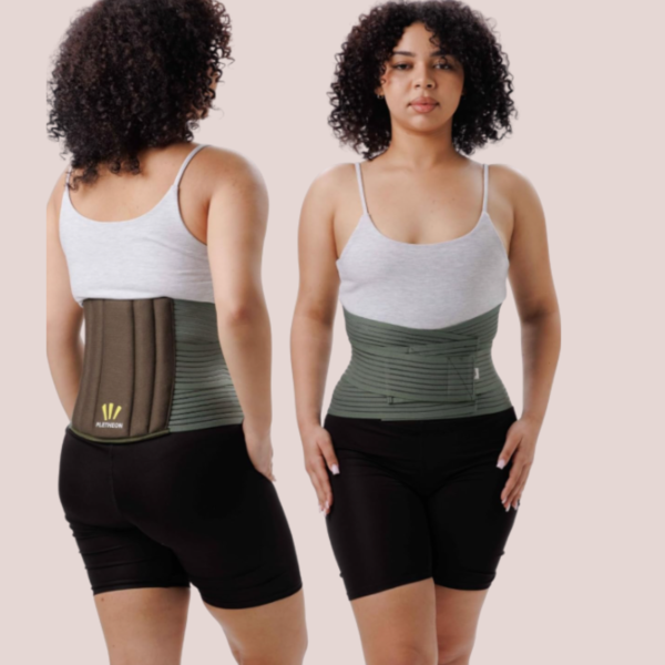 Woman wearing PLETHEON lumbar support belt providing lower back support and pain relief