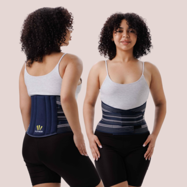 Woman wearing PLETHEON lumbar support belt providing lower back support and pain relief