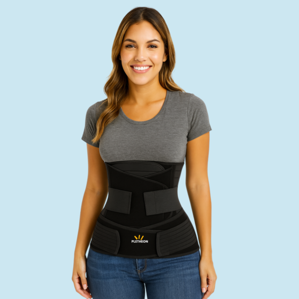 Woman wearing 3-in-1 postpartum abdominal belt for post pregnancy belly and waist support