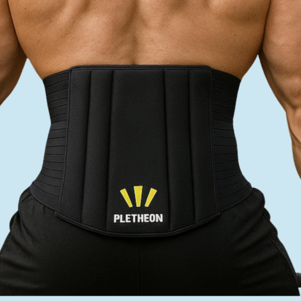 Woman wearing PLETHEON lumbar support belt providing lower back support and pain relief