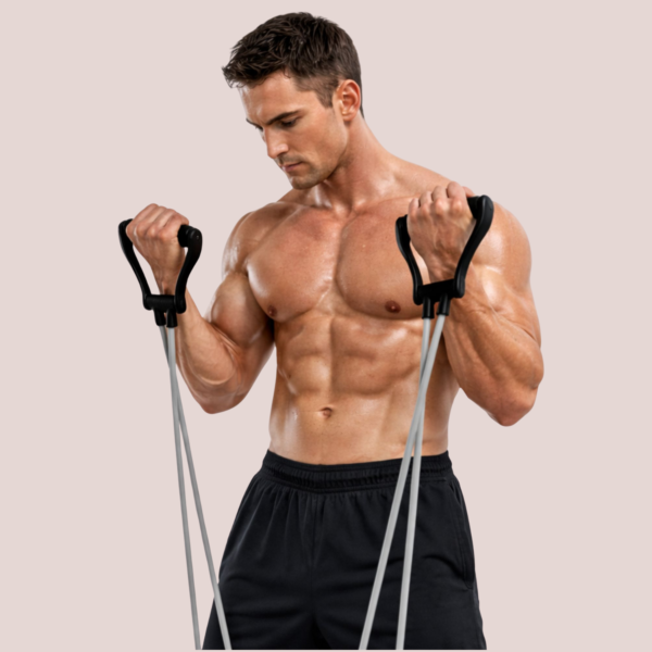 Male fitness model using PLETHEON resistance tube for full body strength training workout