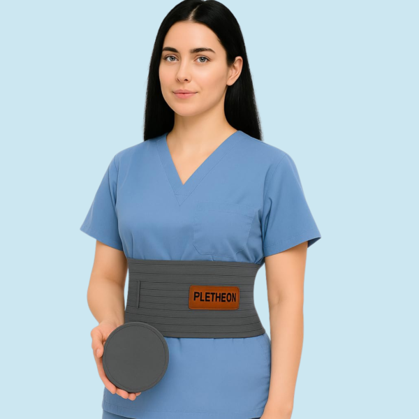 woman wearing umbilical hernia belt for abdominal support and pain relief