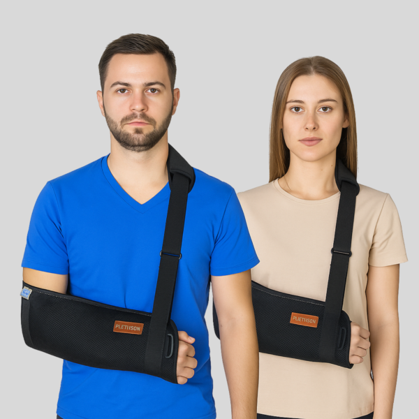 Arm sling support brace worn for shoulder and arm injury recovery
