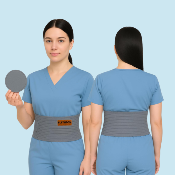 woman wearing umbilical hernia belt for abdominal support and pain relief