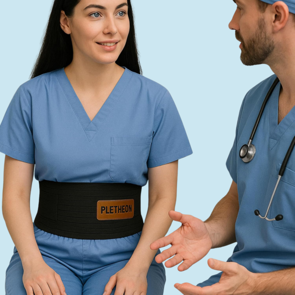 woman wearing umbilical hernia belt for abdominal support and pain relief