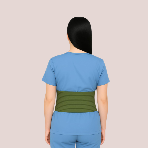 woman wearing umbilical hernia belt for abdominal support and pain relief