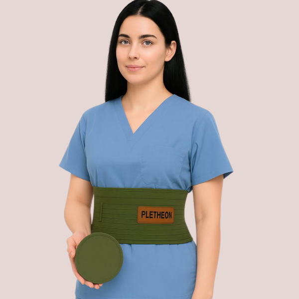 woman wearing umbilical hernia belt for abdominal support and pain relief