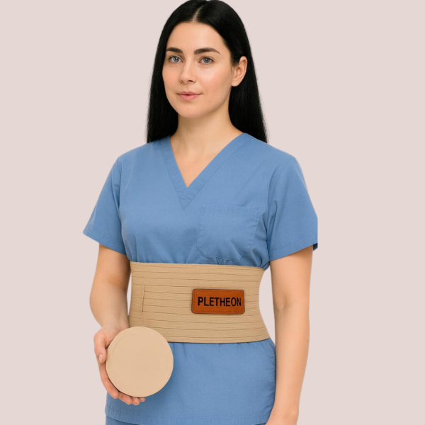 woman wearing umbilical hernia belt for abdominal support and pain relief