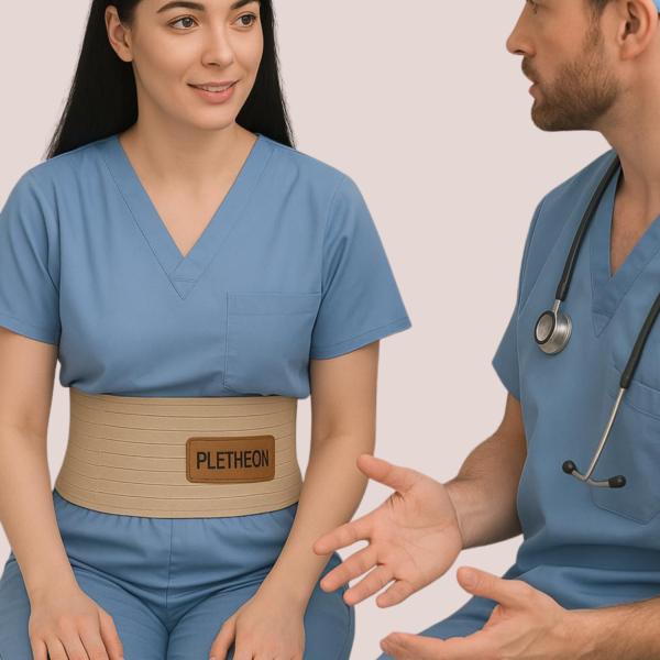 woman wearing umbilical hernia belt for abdominal support and pain relief